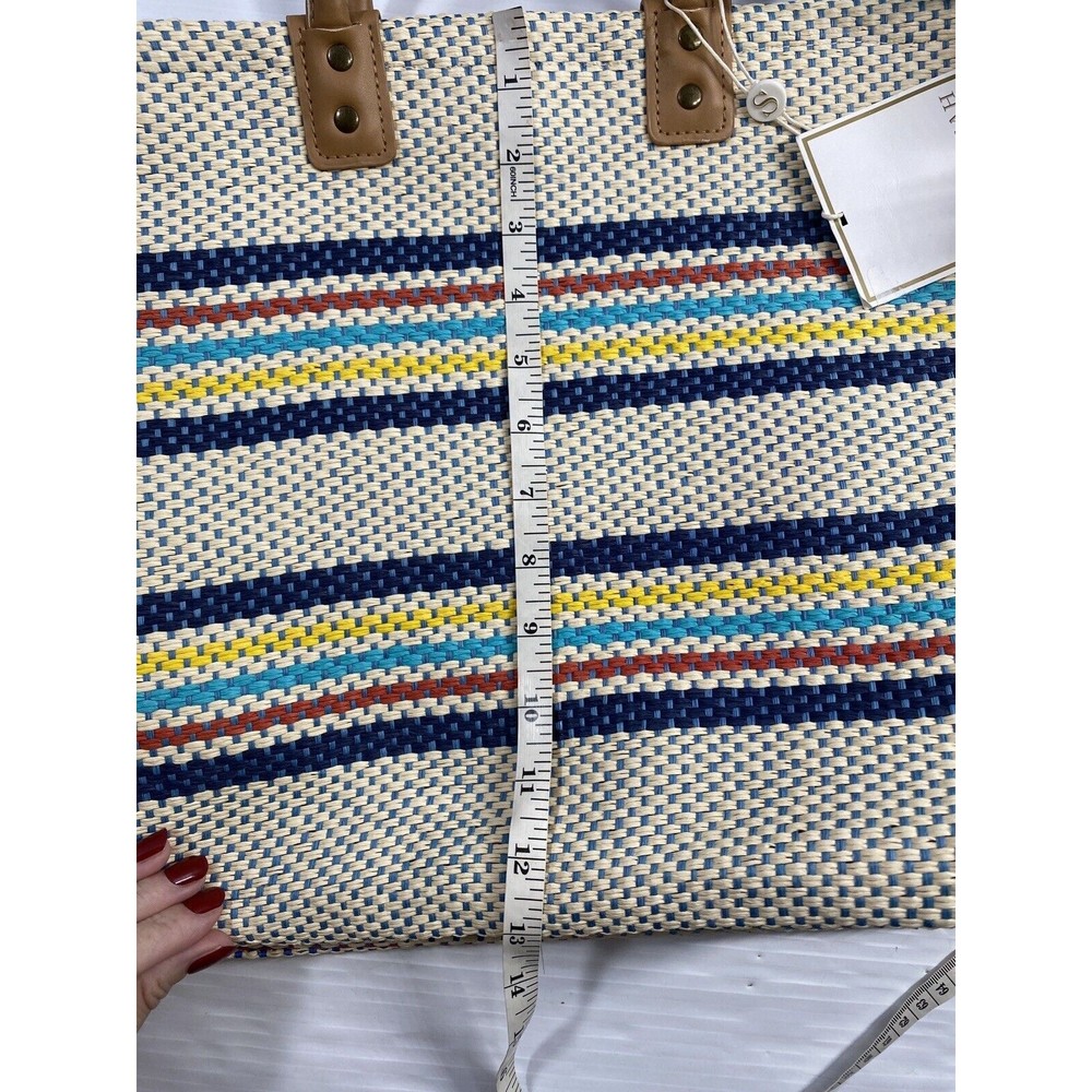 SHIRALEAH Chicago Ria Woven Paper Tote Bag Purse Striped Pompoms NWT - Picture 13 of 13